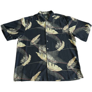 Aureus Silk Blend Tropical Print Black Short Sleeve Button Down, Size XL